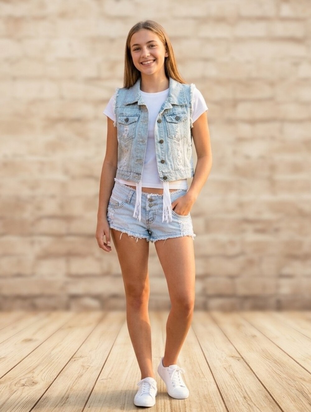 3pc Y2K Distressed Denim Set - Red Queen Vest & Be Cute Plaid Lined Shorts - S